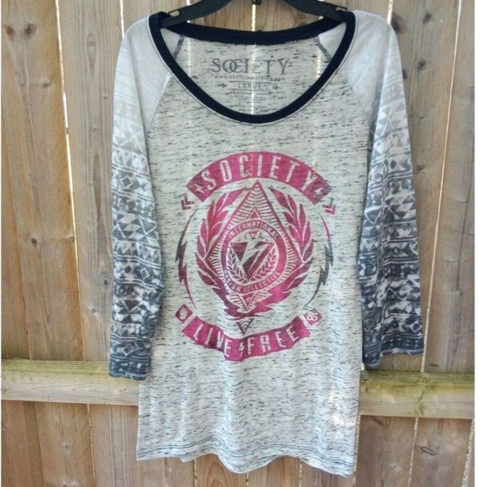 women's t-shirt large American Society long sleeve gray & pink